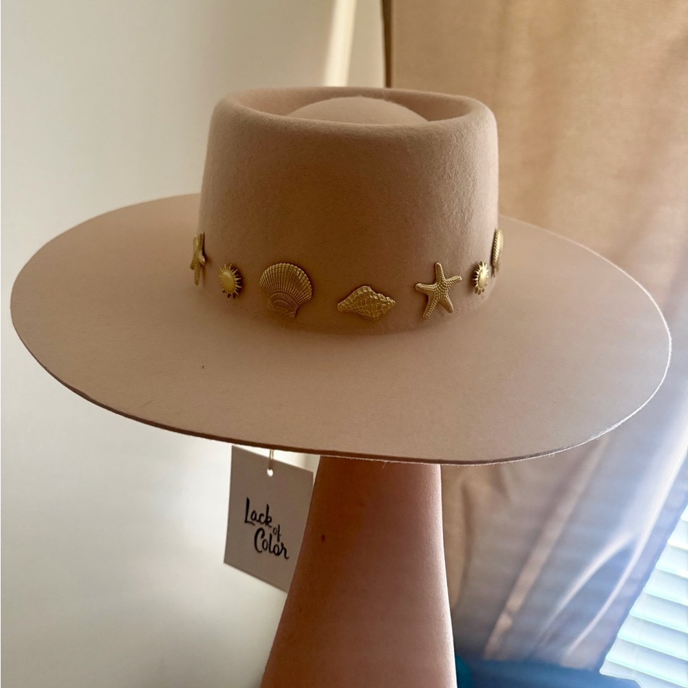 Lack of Color Seaside Boater L Hat Beige Wide-Brim Felt with Gold Shells - Picture 2 of 5